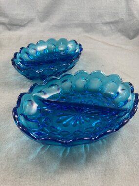 Vtg 2 Anchor Hocking Fairfield Laser Blue Divided Glass Dishes